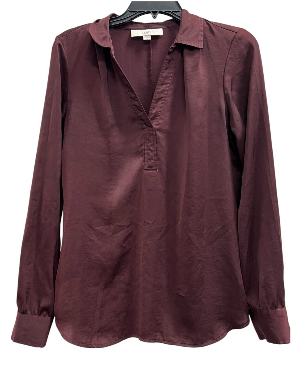 Loft satiny maroon Y neck blouse NWOT sz S